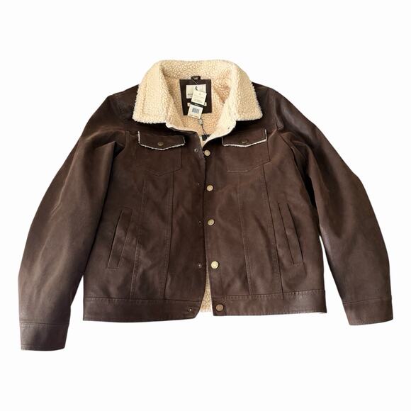 Scott James Mens M Brown Faux Leather Sherpa Lined Trucker Jacket Snap Front NWT - Picture 4 of 7